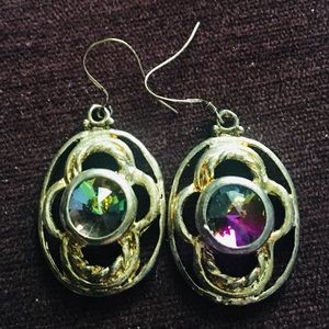 Iridescent cross gold colored crystal earrings